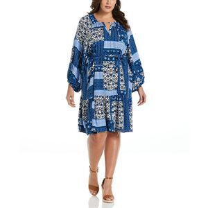 Ella Rafaella Womens Blue Printed Keyhole Knee-Length Midi Dress Plus NWT
